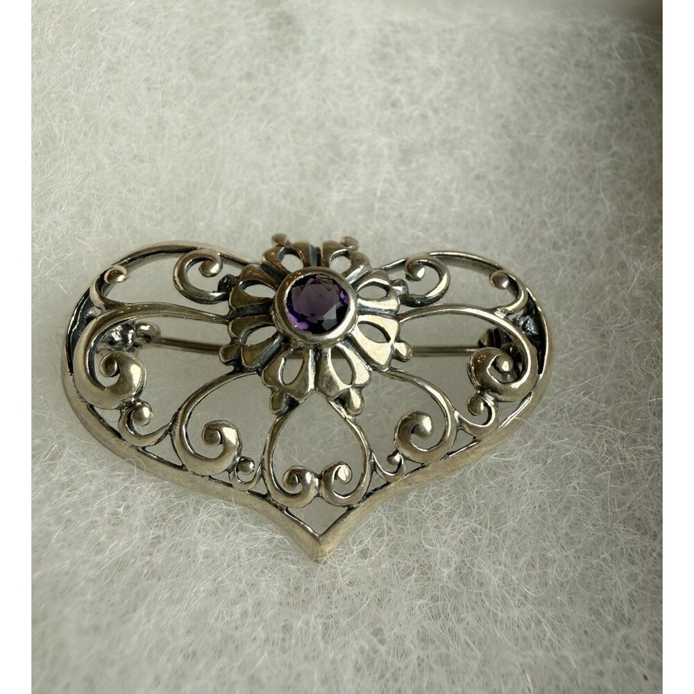 Antique Victorian Art Nouveau Scrolled Amethyst Sterling SS 925 Heart Brooch Pin